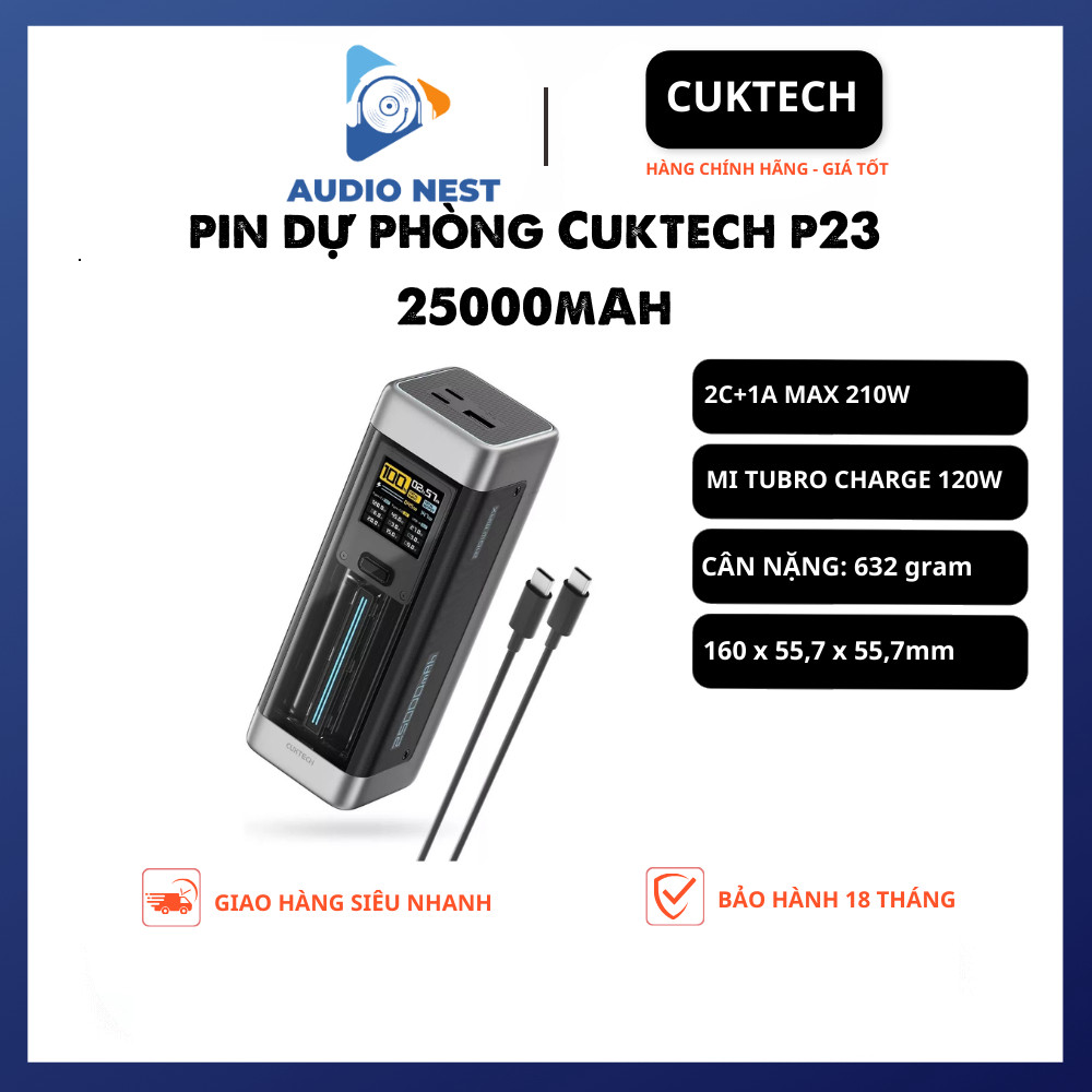 Sạc Dự Phòng Cuktech 25000mAh 120W (P23)  2C1A 210W PD 3.1 PPS5A QC Mi Turbro Charger - Chính Hãng