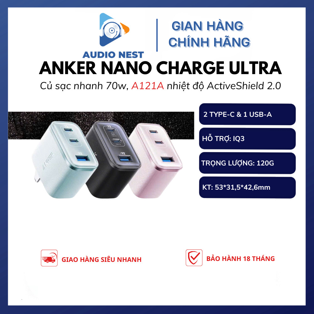 Củ Sạc Nhanh Anker Nano 70W Safe Charge Ultra (2C 1A) A121A  - Bảo Hành 18 Tháng