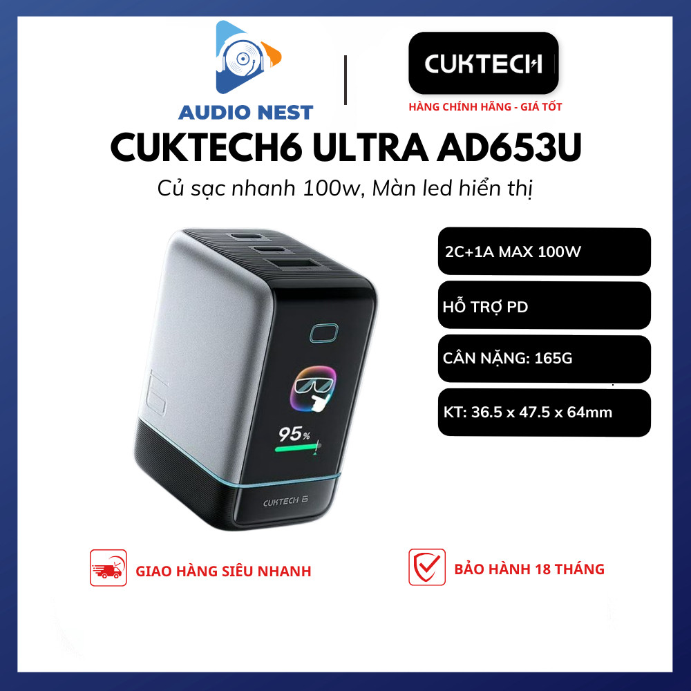 Củ sạc Cuktech 6 Ultra 100W AD653U 3 cổng - Bảo Hành 18 Tháng