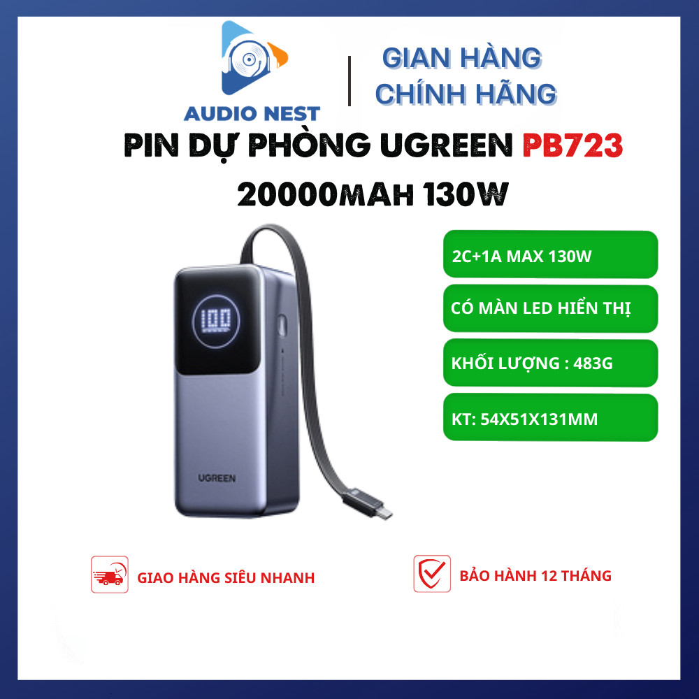 Sạc UGREEN PB723 20000 mAh 130W Tích Hợp Cáp - Bảo Hành 12 Tháng