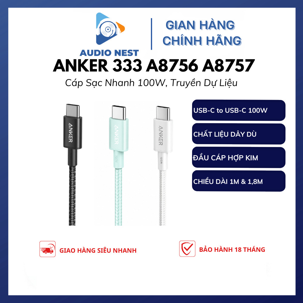 Cáp Sạc Nhanh Anker 100W A8756 A8757 C to C  Chip e-Marker Truyền Data 480Mbps - Bảo Hành 18 Tháng