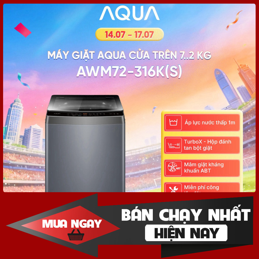 Máy Giặt Aqua 7.2kg AWM72-316K(S) - Bảo Hành 2 Năm - Tối Đa 12 Chương Trình Máy Giặt Aqua 7.2kg AWM7