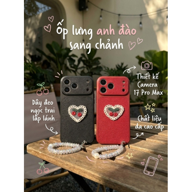 Ốp Lưng Iphone _Ốp Da Gắn Cherry Cao Cấp _ Mê CaSe