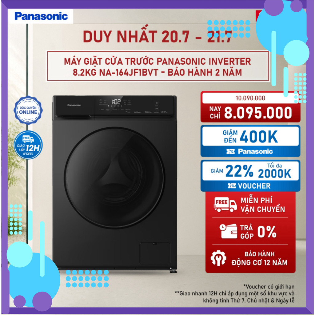 Chính hãng [ELPN2TX GIẢM TỐI ĐA 2TR] Máy Giặt Cửa Trước Panasonic Inverter 8.2KG NA-164JF1BVT )