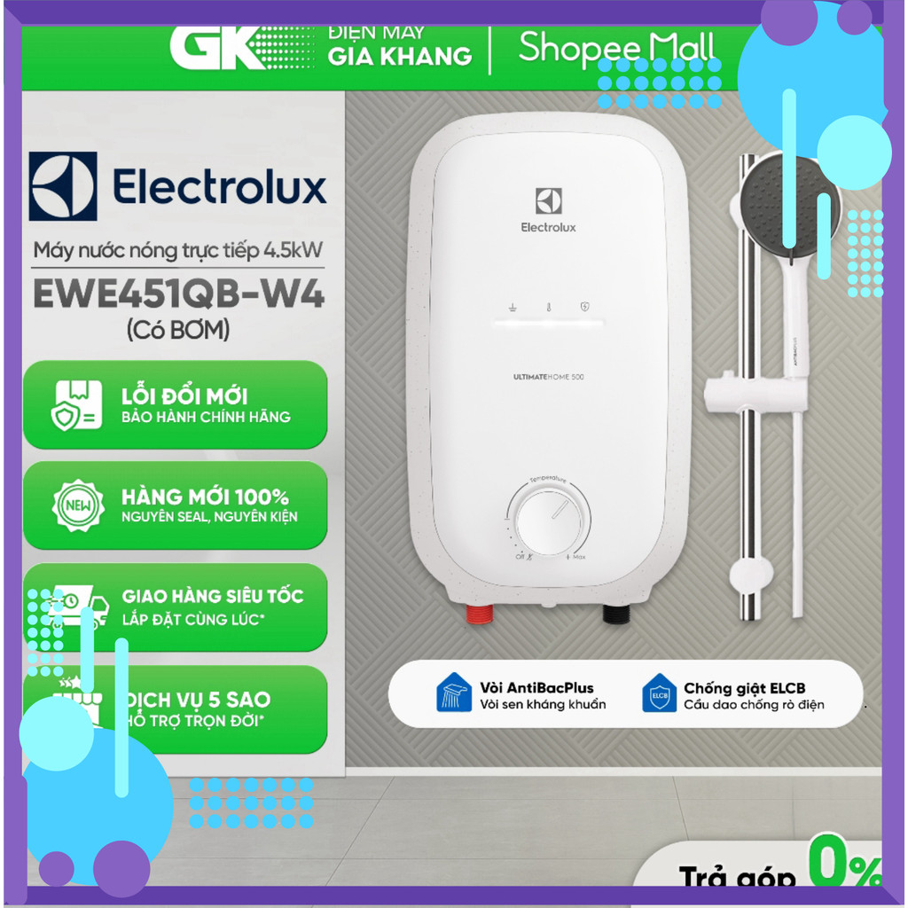 Chính hãng EWE451QB-W4 Máy nước nóng trực tiếp Electrolux UltimateHome 500 4.5kW Có bơm trợ lực [Fre