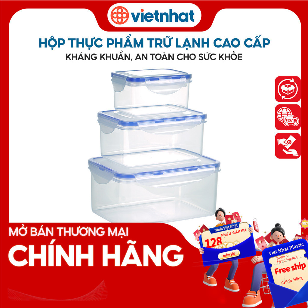 Bộ 3 hộp thực phẩm chữ nhật có nắp cài kín khí Việt Nhật 6530 Nhựa Việt Nhật Premium