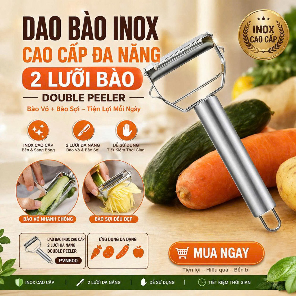 Dao Bào Inox Cao Cấp Đa Năng 2 Lưỡi Bào Vỏ + Bào Sợi - Double Peeler PVN500 => Dao Bào Inox Cao Cấp 