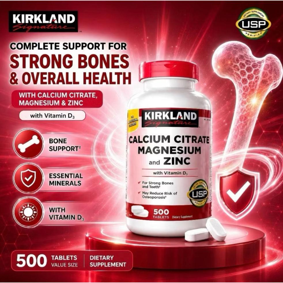 Canxi Citrate Magie Kẽm Vitamin D3 Kirkland 500 viên – Hỗ trợ bổ sung khoáng chất