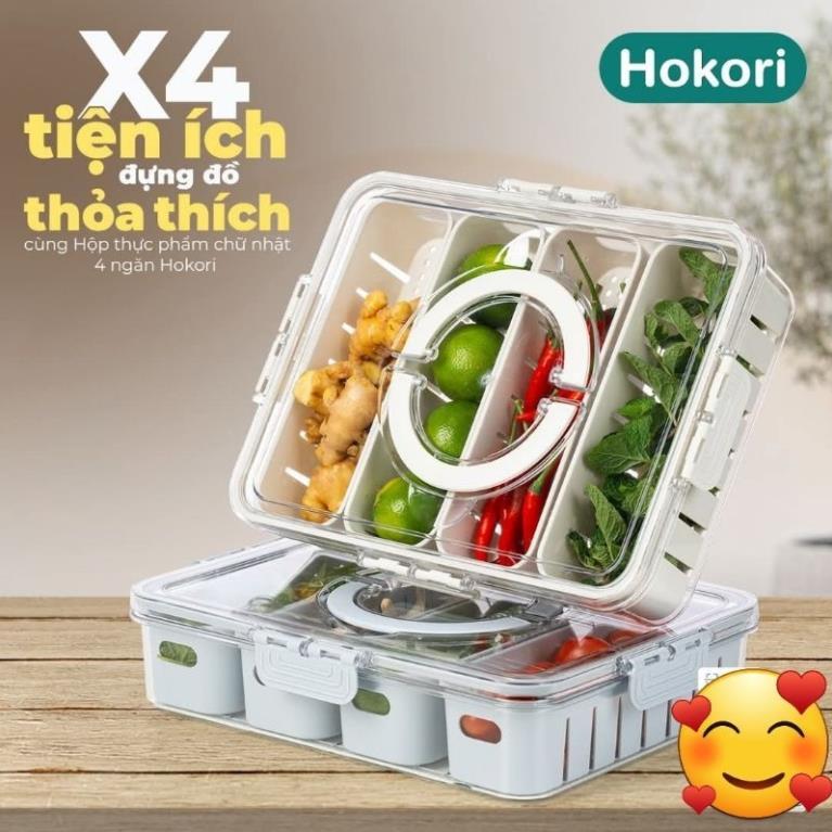 Hộp thực phẩm trong 4 ngăn HOKORI nhựa VIỆT NHẬT cao cấp - 2 lớp tách nước, để tủ lạnh - 6510-1