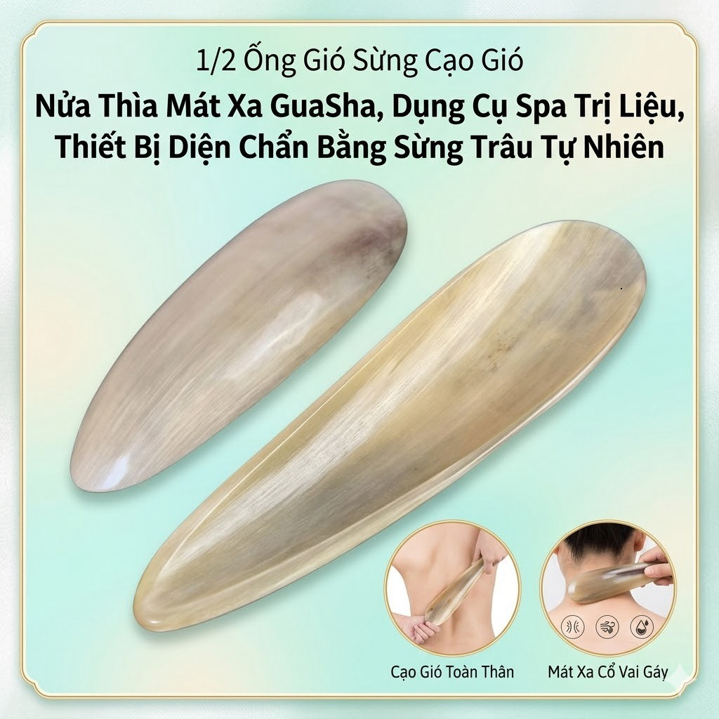 [Đủ Size] 1/2 Ống Gió Sừng Cạo Gió – Nửa Thìa Massage GuaSha Diện Chẩn Sừng Trâu Tự Nhiên