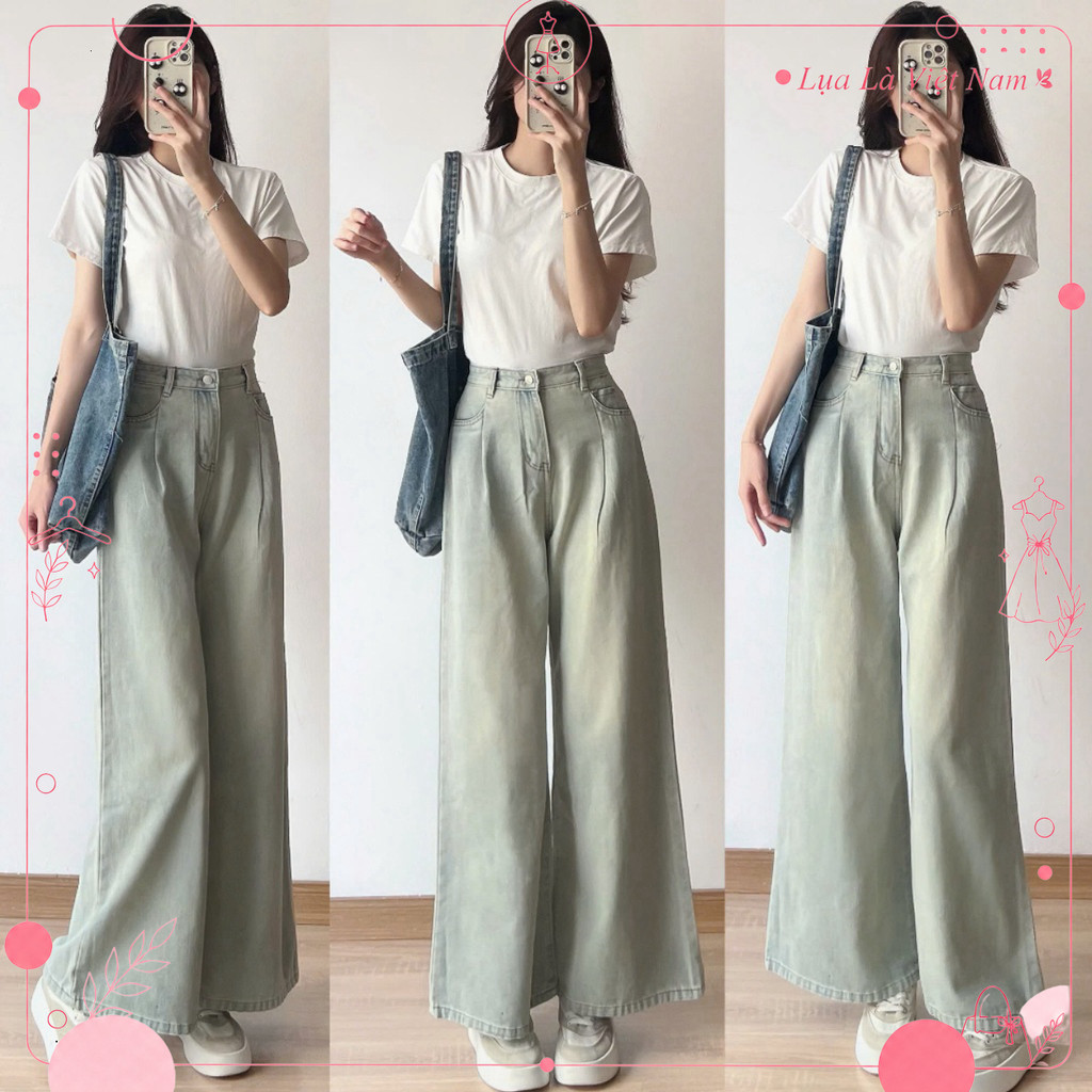 Quần jean xuông ly trước ống rộng màu xanh nhạt - 247Store