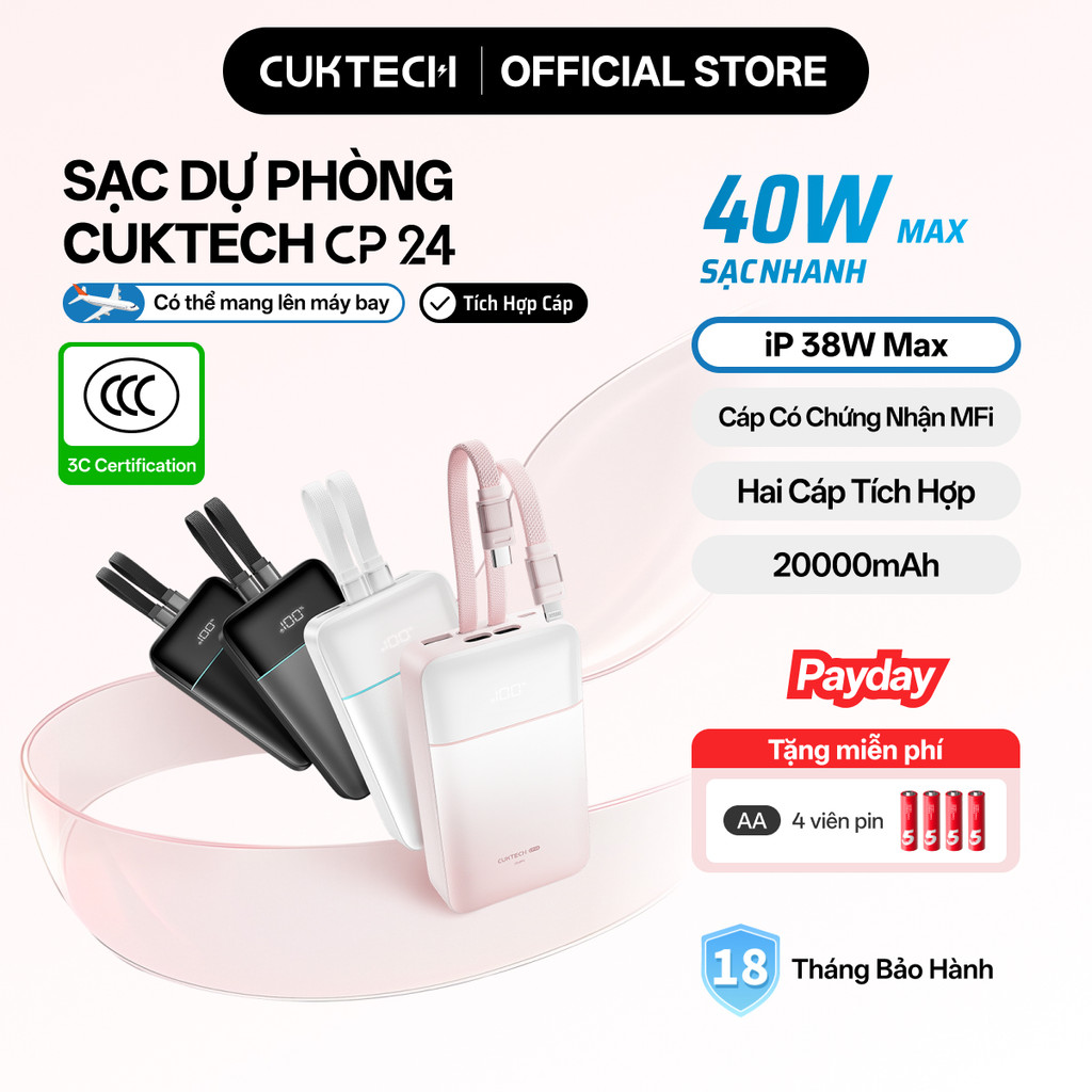 【Được chứng nhận CCC】CUKTECH Pin Dự Phòng 20000mAh Sạc Nhanh 40W – Tích Hợp Hai Dây, Hỗ Trợ iP 38W / Xiaomi 33W —— CP24