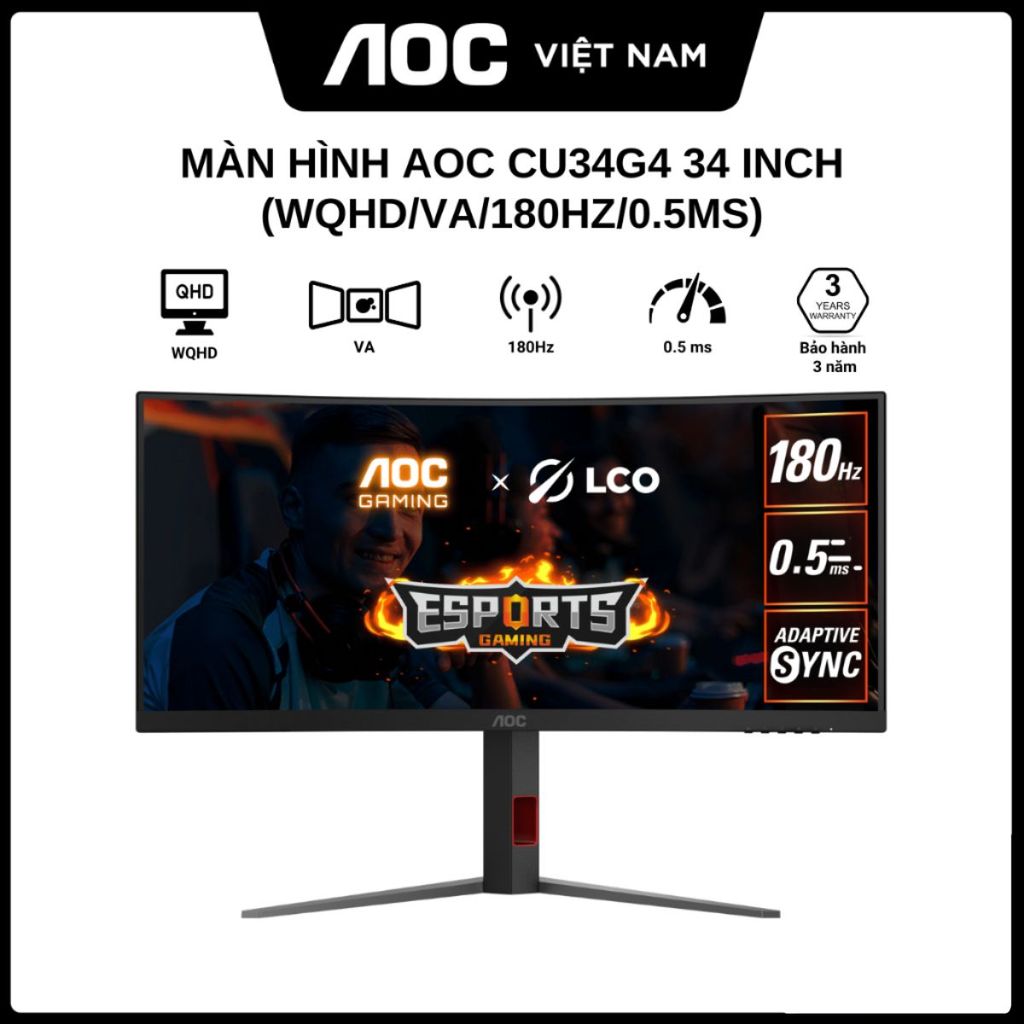 Màn Hình Cong Gaming AOC CU34G4 34 inch (WQHD/VA/180Hz/0.5ms) - Hàng Chính Hãng
