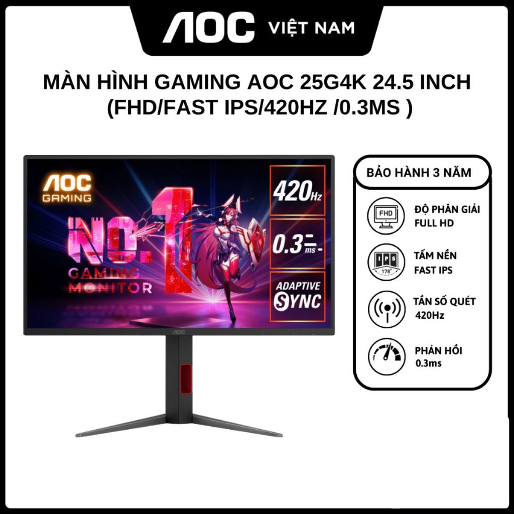 Màn Hình Gaming AOC 25G4K 24.5 Inch (FHD/Fast IPS/420Hz/0.3ms) - Hàng Chính Hãng