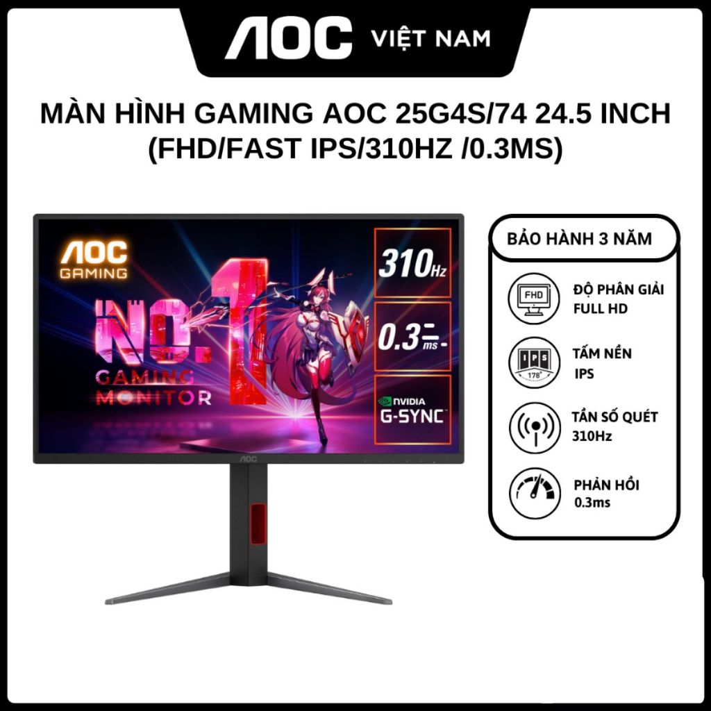 Màn Hình Gaming AOC 25G4S 24.5 inch (FHD/Fast IPS/310Hz /0.3ms) - Hàng Chính Hãng