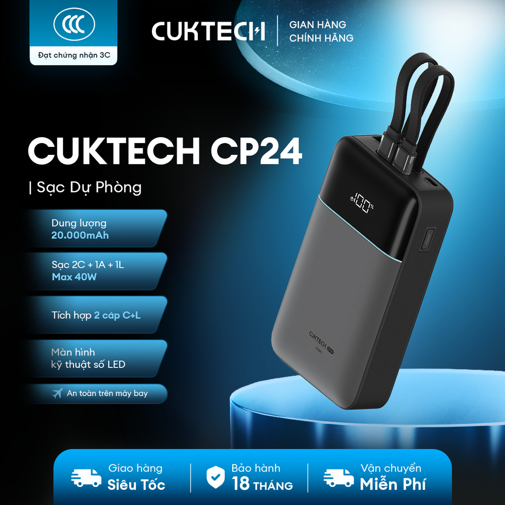 CUKTECH CP24 Sạc Di Động Kèm Cáp | Dung lượng 20.000mAh | Công Suất Max 40W | Bảo Hành 18 Tháng LPB200NL/LPB200N