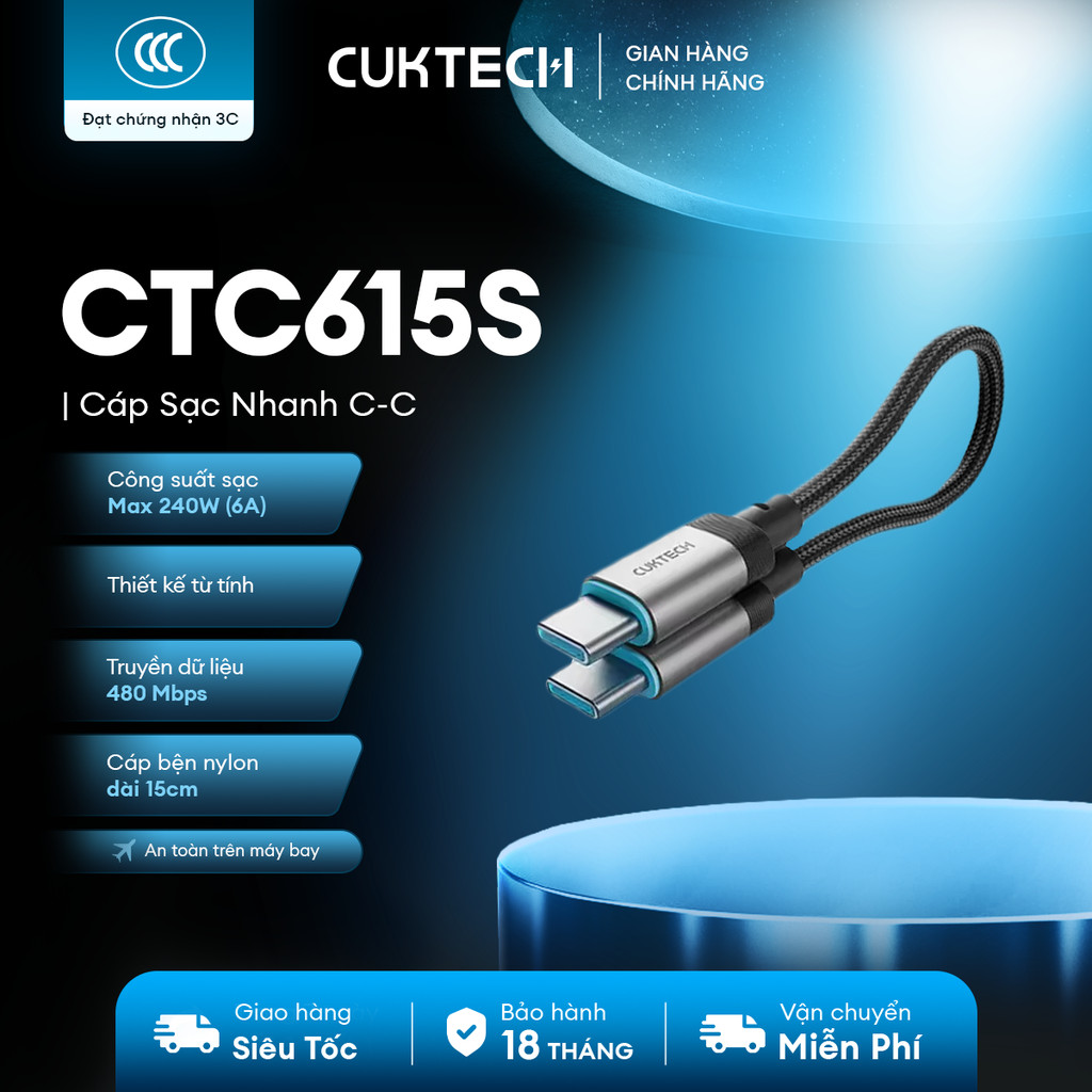 Cáp Sạc Nhanh CUKTECH CTC615S C-C | Công Suất Sạc Max 240W | Truyền Dữ Liệu 480 Mbps | Bảo Hành 18 Tháng