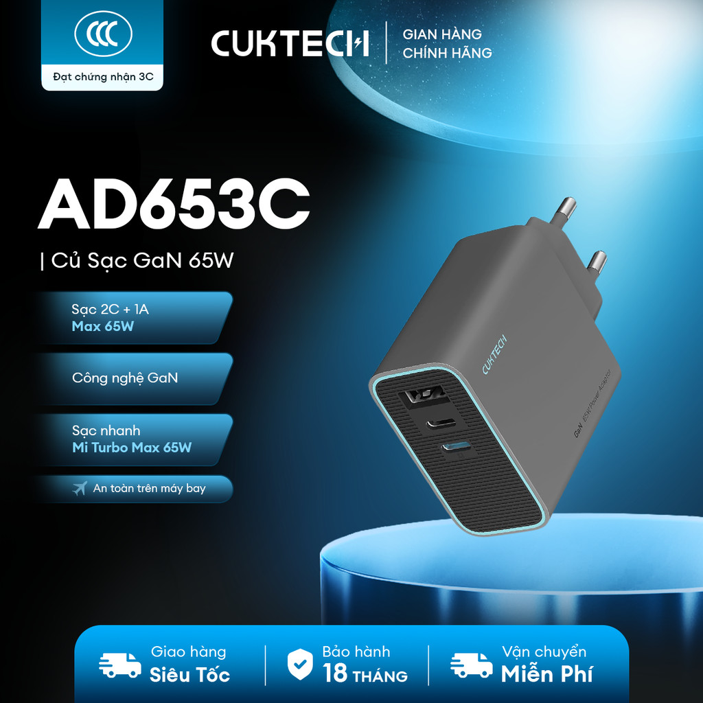 Củ Sạc GaN CUKTECH AD653C 2C1A | Cống Suất 65W Max | Hỗ Trợ Sạc Nhanh | Thiết Kế Nhỏ Gọn | Bảo Hành 18 Tháng