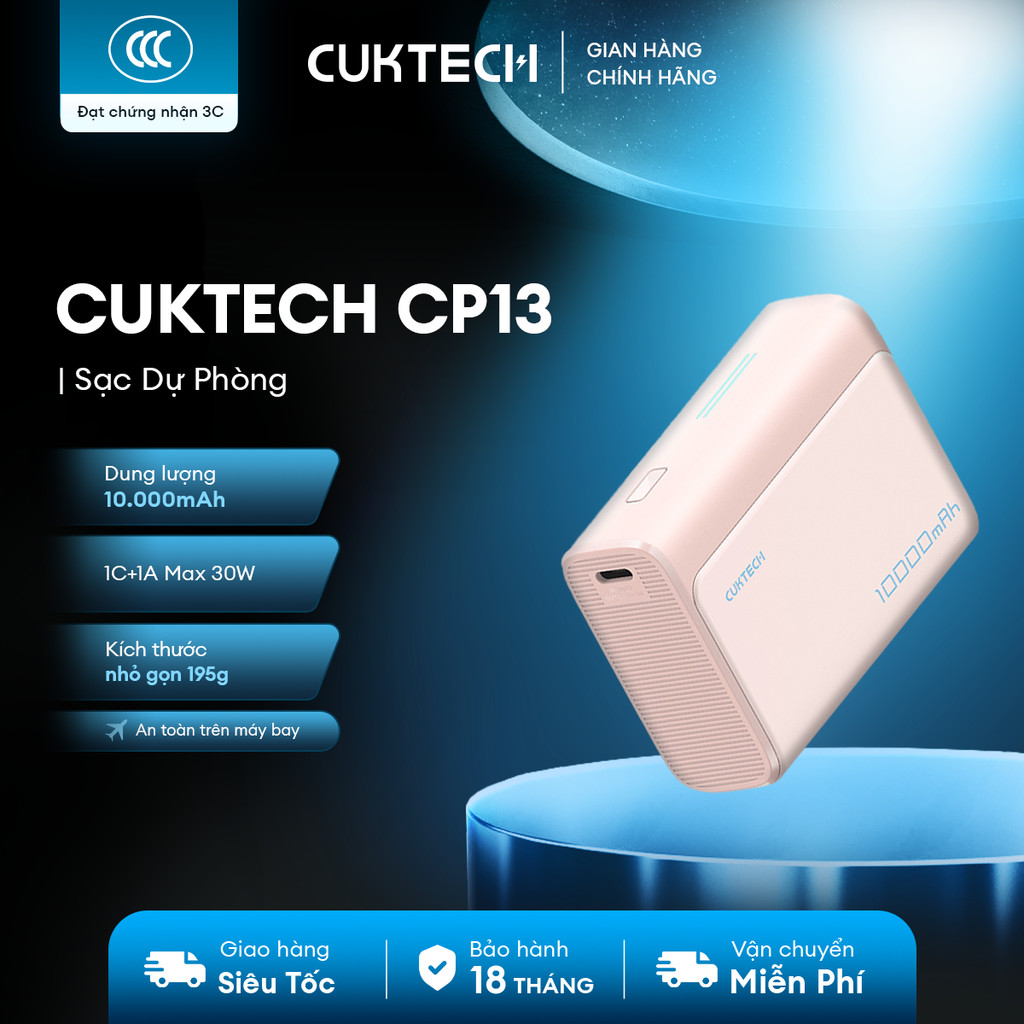 Sạc CUKTECH CP13/CP133L Kèm Cáp | Sạc Nhanh 30W Max | Dung Lượng 10.000mAh | Bảo Hành 18 Tháng LPB10