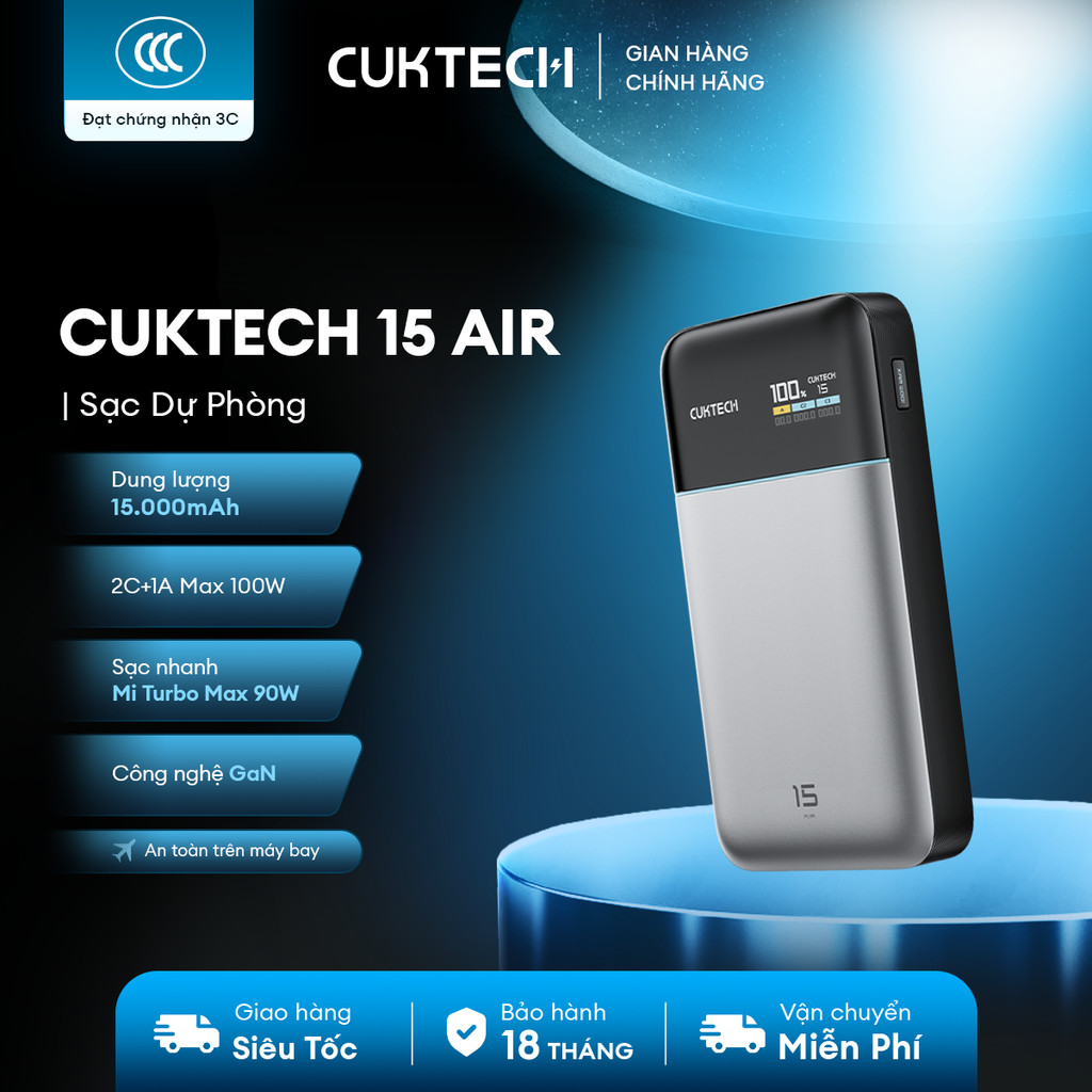 CUKTECH 15 AIR Sạc Di Động 2C1A | Công Suất 100W Max | Dung Lượng 15.000mAh | Bảo Hành 18 Tháng PB150S