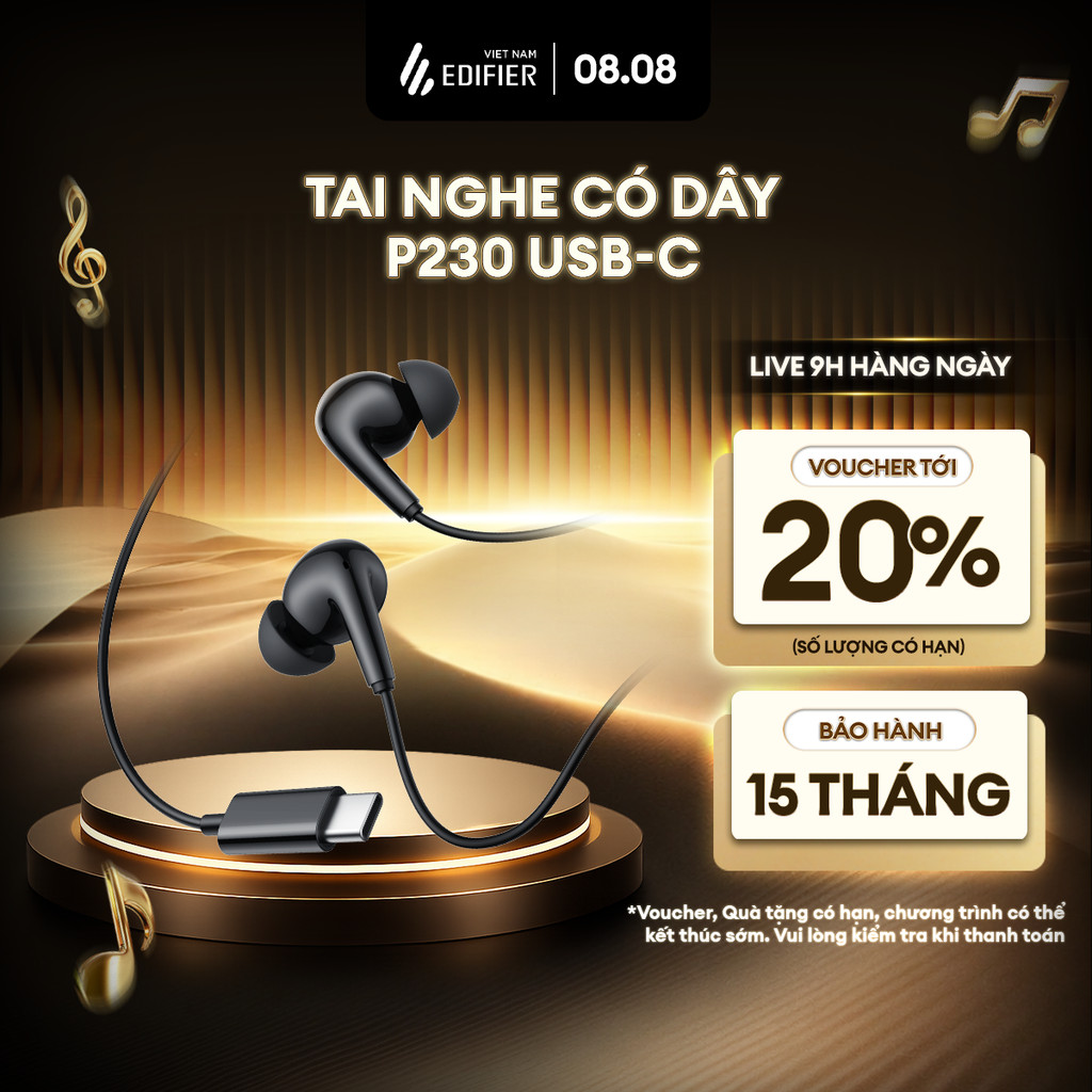Tai Nghe Nhét Tai Có Dây EDIFIER P230 USB-C | EQ Cài Sẵn | Âm Thanh Chi Tiết | Kháng Nước, Bụi IP54 | Bảo Hành 15 Tháng