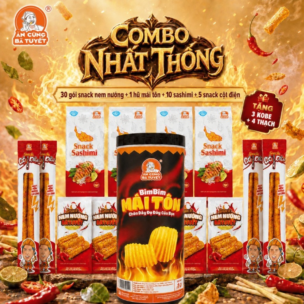 (Tặng 3 kobe + 4 thạch) Combo NHẤT THỐNG: 30 gói snack nem nướng + 1 hũ mái tôn + 10 sashimi + 5 sna