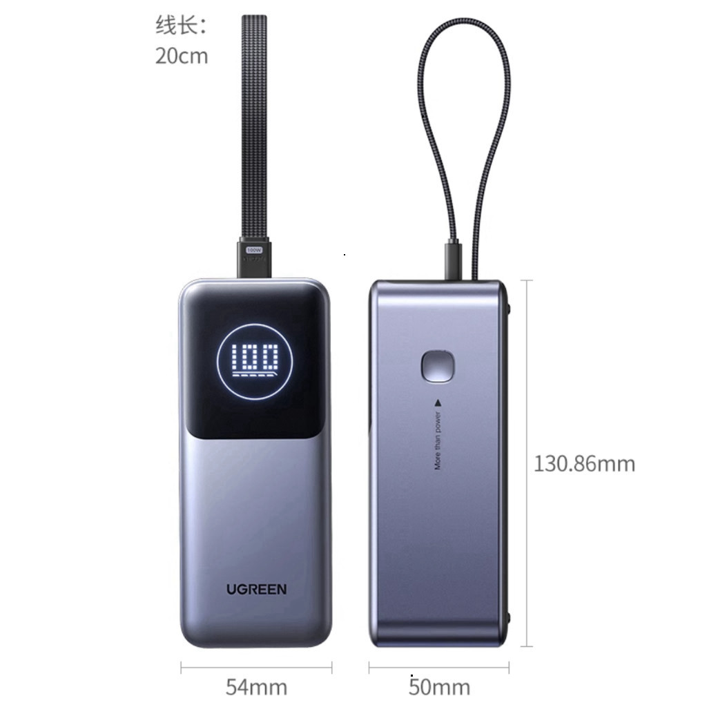 Pin Sạc Dự Phòng Laptop UGREEN PB723 130W 20000mAh | Cáp Type-C Tích Hợp, Màn TFT, Sạc Nhanh PD 100W