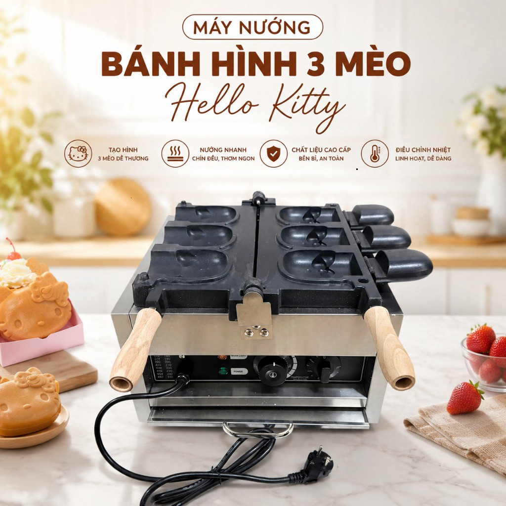 Máy Nướng Bánh Đường Phố Hình 3 Mèo Kem Hello Kitty Waffle Maker Xài Điện 2000W Waffle Maker Electri
