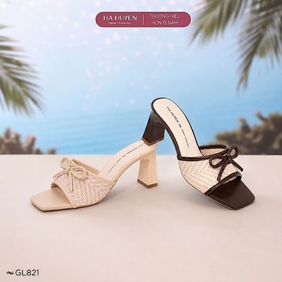 Guốc lê 7cm nữ HÀ HUYỀN, dép cao gót đính nơ gót vuông cao 7 phân - GL821