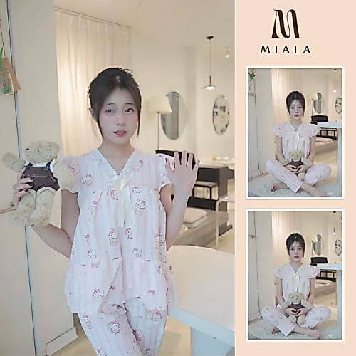 Set Đồ Ngủ Nữ Miala cộc dài Hello Kitty Sọc Hồng Pijama Cổ Ren Nơ.