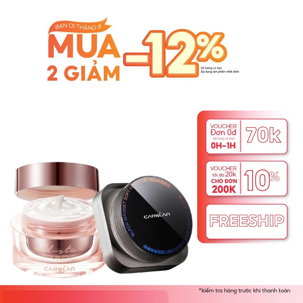 Combo kem lười Carslan nền nhanh – mịn + phấn phủ Carslan kiềm dầu, khóa nền bền màu 2025