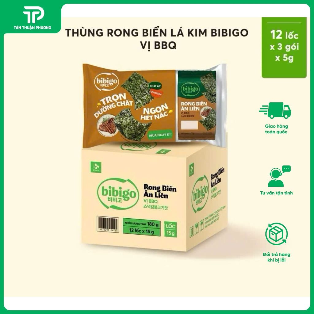 Thùng 12 lốc Rong Biển Ăn Liền Bibigo Vị BBQ 4g x 36 Gói Rong Biển Hàn Quốc Ăn Vặt