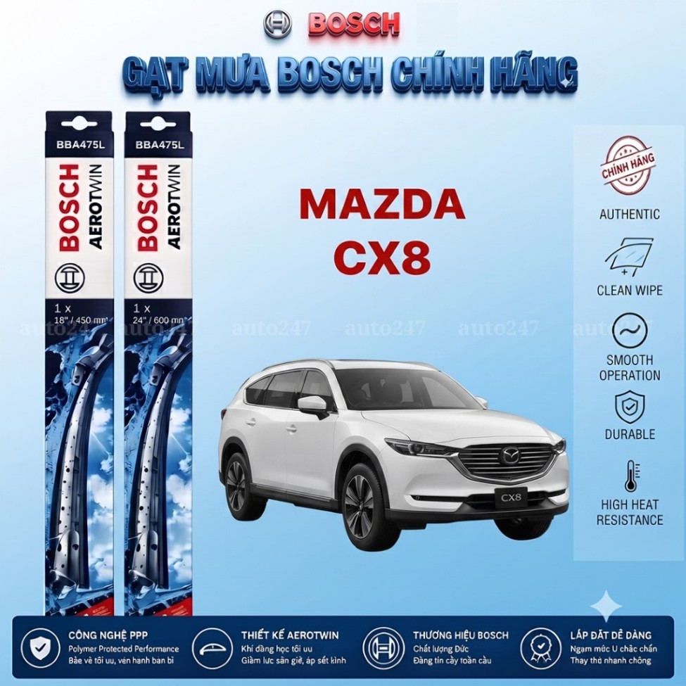 Bộ gạt mưa MAZDA CX8 2019–2026 Bosch Aerotwin A398S kích thước 24"-18" (1 cặp)