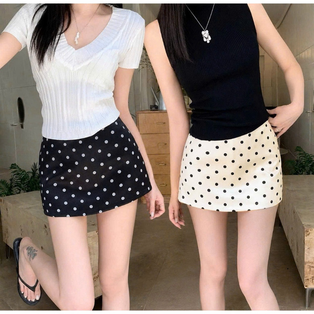 Chân Váy Nữ Phong Cách Y2K Cạp Trễ Họa Tiết Chấm Bi Form chữ A Khóa Kéo Kèm Lót Trong V010 Shop Bơ S