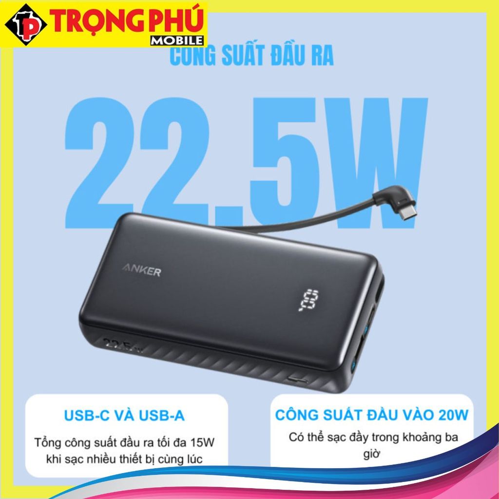 Sạc dự phòng Anker Zolo 2C1A 22.5W 20000mah (Built-In USB-C Cable) A110E - Online