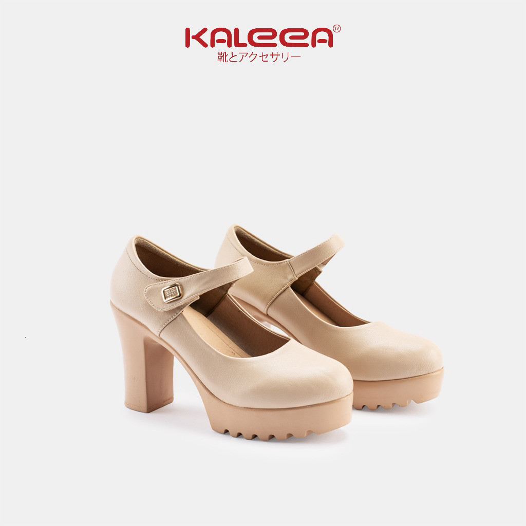 Giày Cao Gót Nữ Kaleea G32 Mũi Tròn Đế Đúp 9cm Quai Dán Đính Đá