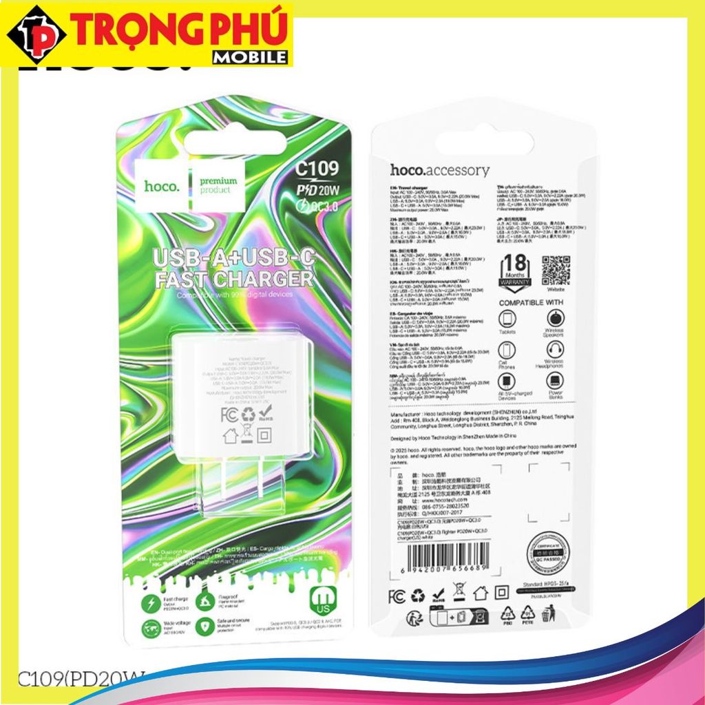 Cốc sạc 2 cổng Hoco C109/C109A 20w 2 cổng U+C - Online