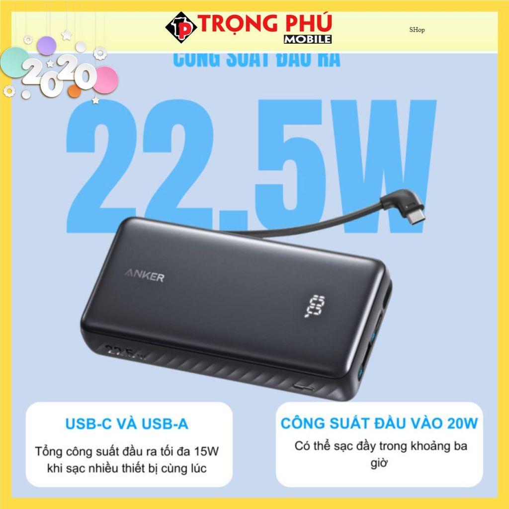 Sạc dự phòng Anker Zolo 2C1A 22.5W 20000mah (Built-In USB-C Cable) A110E - Shop
