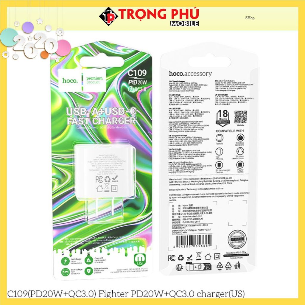 Cốc sạc 2 cổng Hoco C109/C109A 20w 2 cổng U+C - Shop