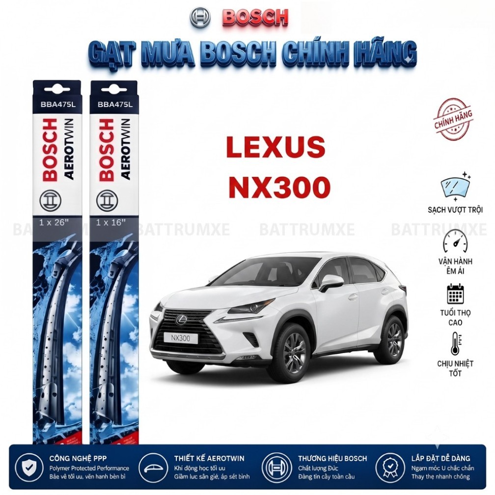 Bộ gạt mưa LEXUS NX300 đời 2018 - 2021 | BOSCH AEROTWIN set A156S cao cấp