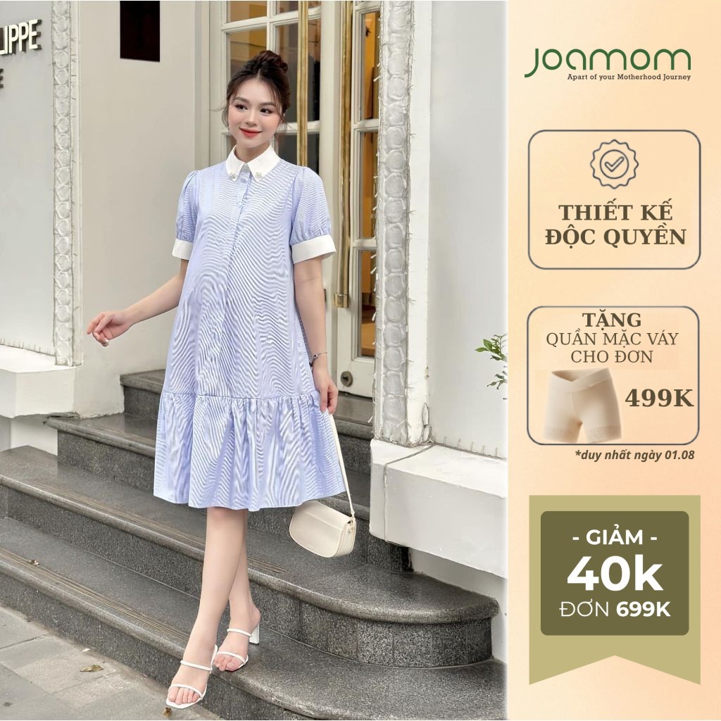 [Bestseller 2025] Váy Bầu Đầm Bầu Joamom Kẻ Xanh Cổ Sơ Mi Thiết Kế Nhẹ Nhàng Thoáng Mát - V356