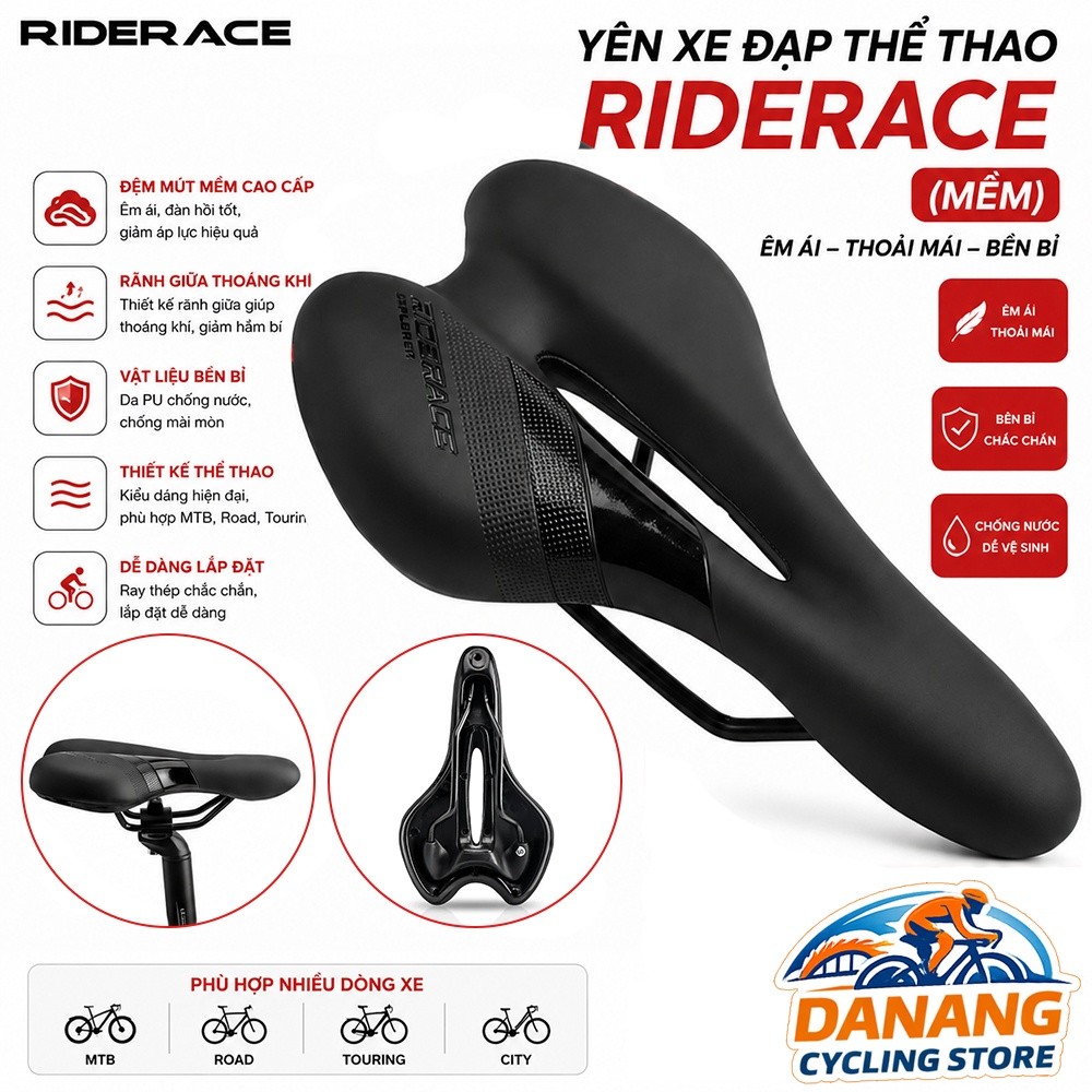 Yên Xe Đạp Thể Thao RIDERACE (Mềm) – Đệm Êm Ái, Rỗng Giữa, Thoáng Khí Cho Road, MTB, City Bike