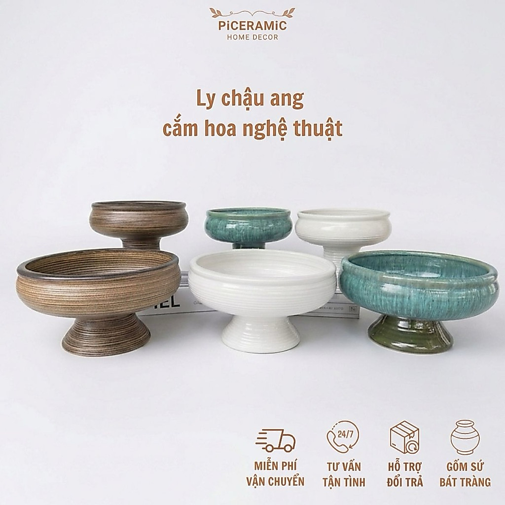 Bình gốm mặt hồ cắm thủy tiên Bát Tràng, Ly chậu ang cắm hoa nghệ thuật ikebana, trang trí nhà cửa