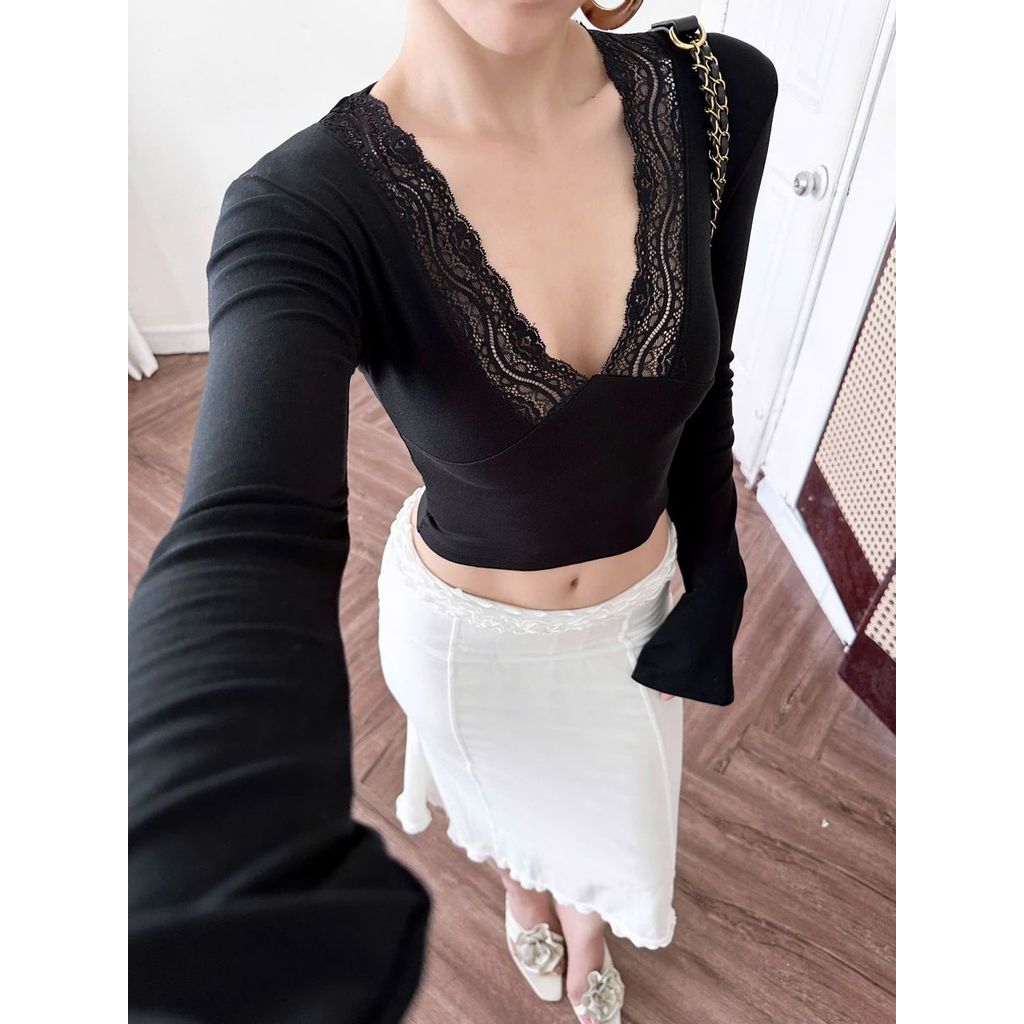 Áo kiểu Tay Dài Cổ V Phối Ren dáng ngắn Ôm Body Quyến Rũ Chất Thun Cotton do dãn A335