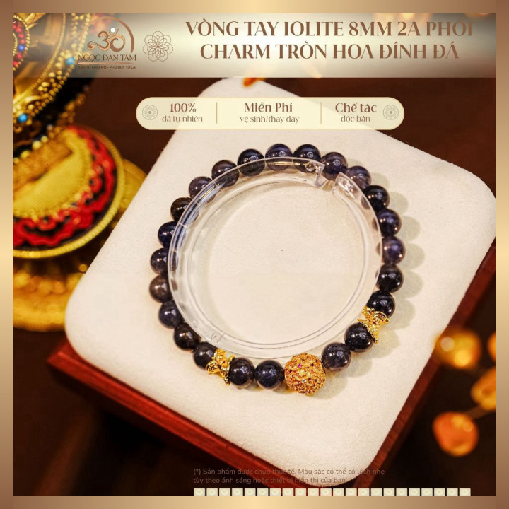 Vòng Tay Iolite 8mm 2A Phối Charm Tròn Hoa Đính Đá