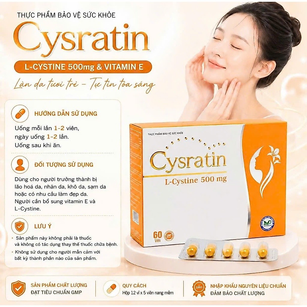 Cysratin L-Cystine 500mg 60 Viên – Viên Uống Đẹp Da Nữ, Dưỡng Ẩm Da, Hỗ Trợ Da Mịn, Tóc Chắc