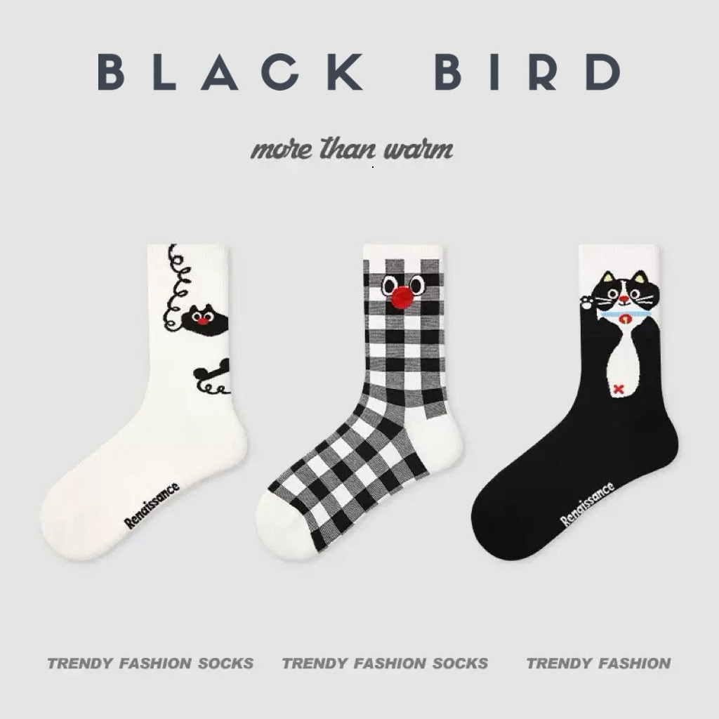Tất cổ cao Blackbird - Set 3 đôi tất mèo caro cute