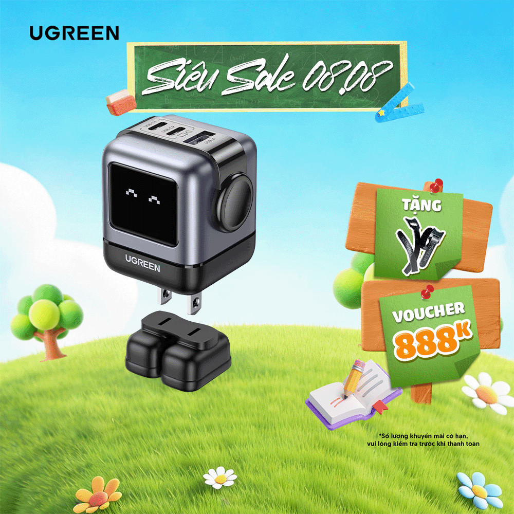 Củ sạc nhanh Robot 65W UGREEN GaN CD361 | Sạc đồng thời 3 thiết bị | Màn hình LCD | Bảo hành 18 thán