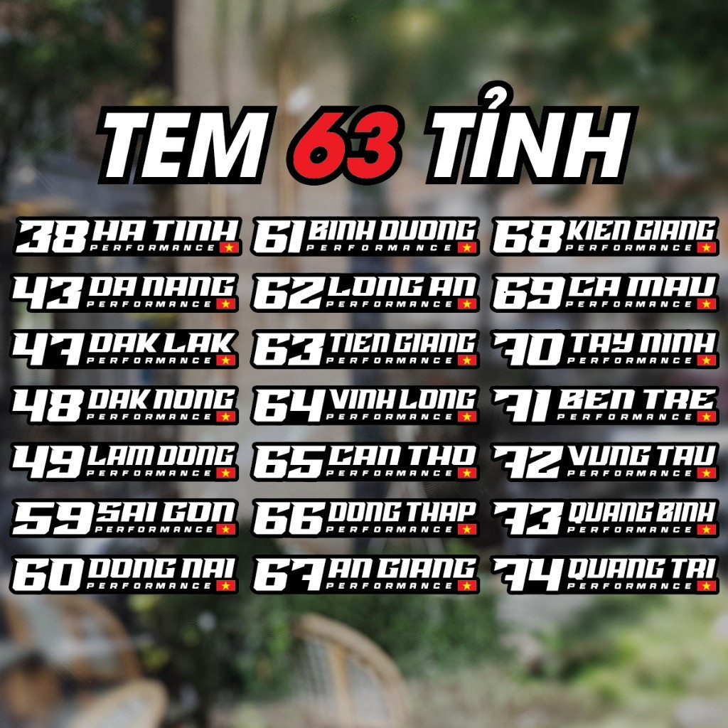 Tem Tỉnh Thành Việt Nam, Tem Dán Xe Performance 63 Tỉnh Thành, Chất Liệu Decal Cao Cấp, Chống Nước