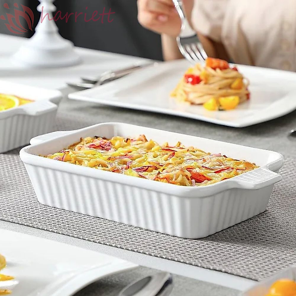 Khay nướng gốm HUNIU, Đĩa nướng hình chữ nhật sâu, Họa tiết sọc bền có tay cầm Gà nướng Lasagna Pan